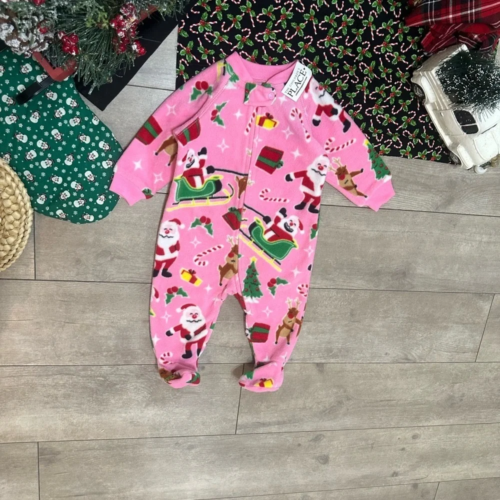 New Children Place Baby Girl Christmas Sleeper Pajamas Santa Fleece Footie 3-6M